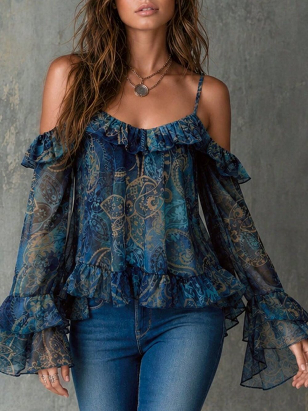 Blue Boho Women's Patchwork Ruffle Waist Cashew Pattern Off-Shoulder Blouse